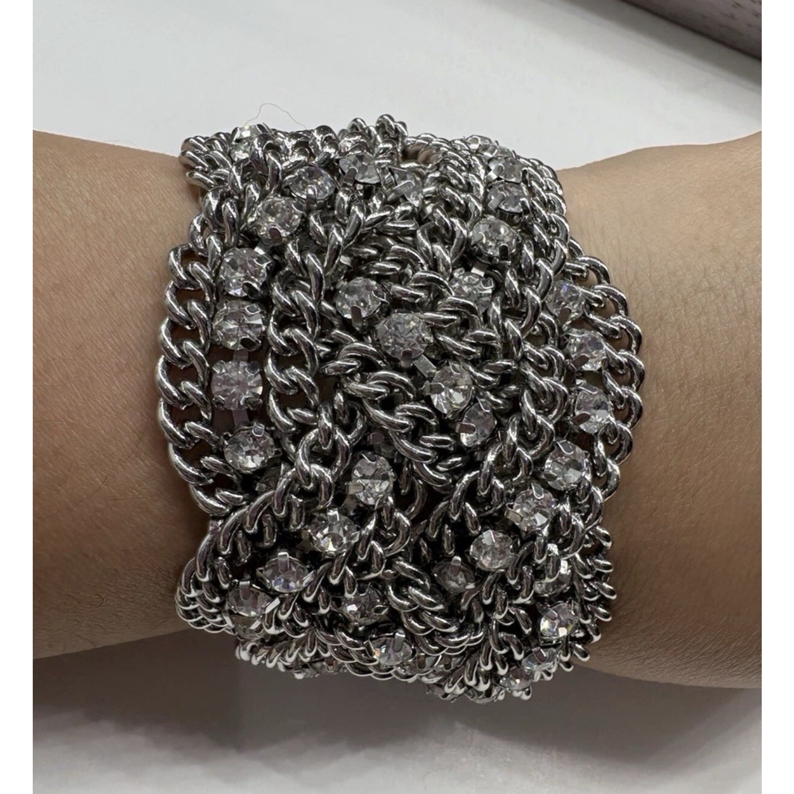 Stella  Dot Bracelet Petra Woven Chain Silver Tone Rhinestones 8 Reversible